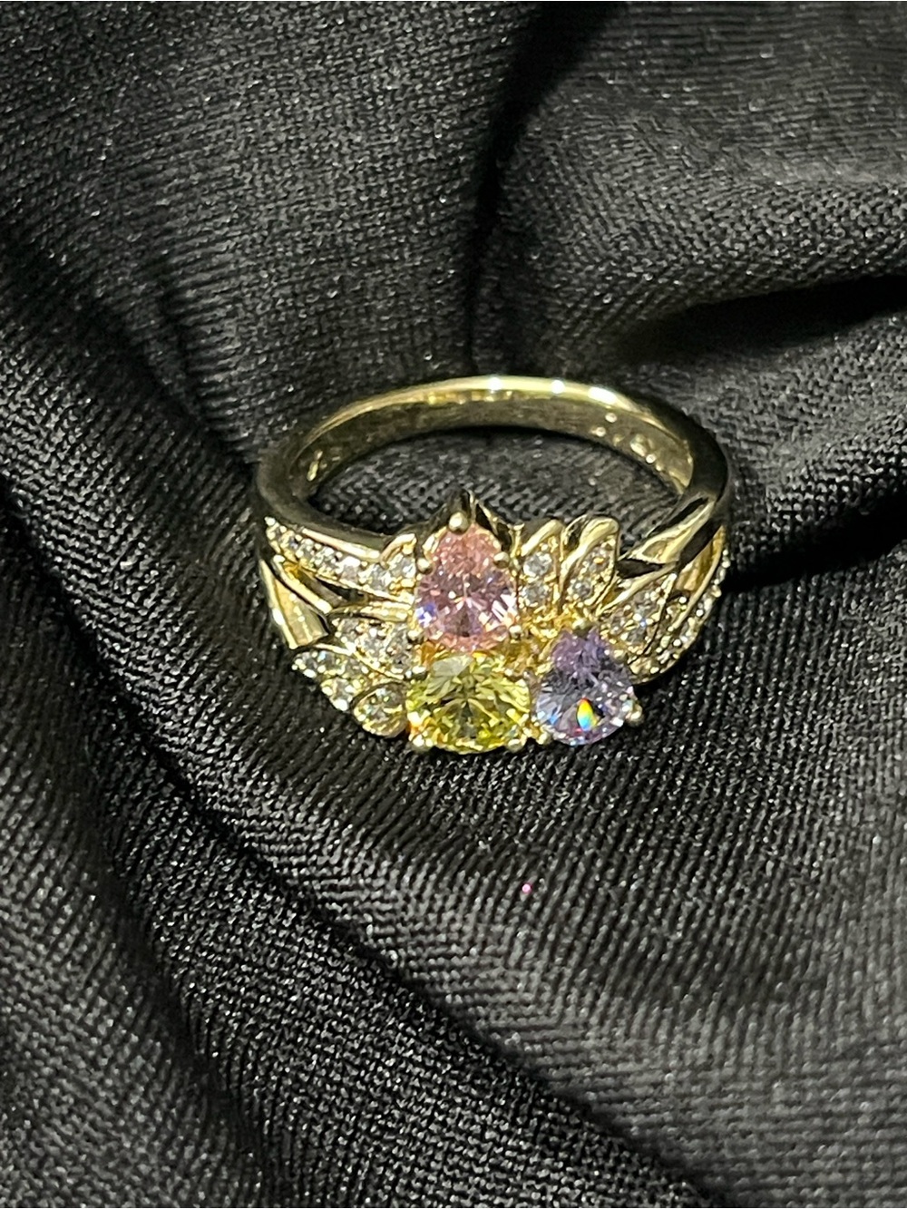 Gold-Tone Multi-Stone Floral Ring with Pink, Yellow & Purple Stones